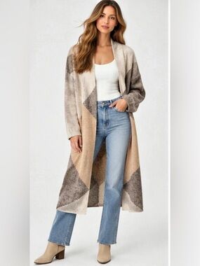Sincerely Jules Geometric Cardigan Beige & Brown Size Medium Like New